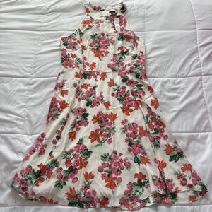 NWT Ann Taylor Halter Dress Womens 14 Floral White Pink Bow Feminine Dainty